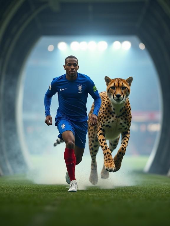 Photo-realistic image with Kylian Mbappé in the France national team blue kit sprinting out of a stadium tunnel onto a brightly lit pitch. A giant cheetah races behind him in a dynamic action shot. The scene captures intense focus and includes high detail with cinematic lighting.