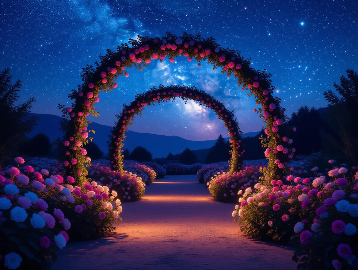 Create a hyper-realistic image in ultra high resolution set during a magical night under a vibrant starry sky. The scene features a tunnel of elegant, luminous flowers like white roses, purple wisterias, pink peonies, and blue lotus flowers, with petals emitting a soft neon glow in cool tones illuminating the path. The tunnel forms a natural arch in the center with open space for a person. Include elements like a realistic full or crescent moon with visible craters, twinkling stars, a subtle Milky Way, diverse flowering species, dew drops, and warm glowing bokeh effects. Ensure the tunnel's interior is unobstructed with soft lighting and a petal path leading deeper into the scene.