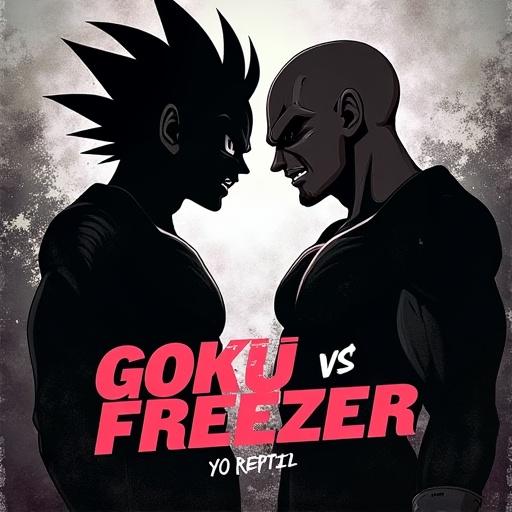 Cover artwork for song featuring dark silhouettes of Goku and Freezer in confrontation. Dark, moody background with retro-futuristic feel. Title in bold Japanese-style typography. Gritty, minimal, and dramatic color scheme with high contrast.