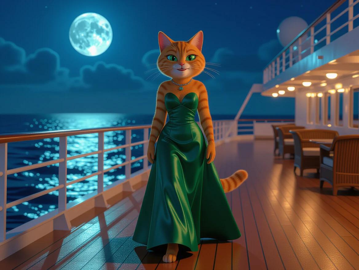 Night at sea featuring an anthropomorphic orange cat on a cruise ship deck. Cat in an emerald green dress. Full moon reflecting on water. Confident posture. Expression of satisfaction. Setting is illuminated by ship lights. Background of dark ocean.
