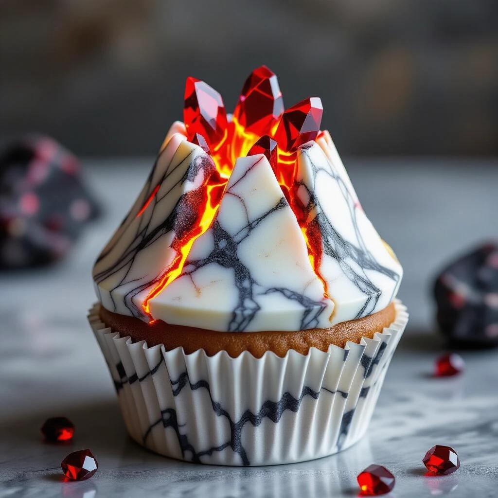 Dramatic cupcake sculpted to resemble a jagged mountain. Base made of cracked veined marble. Volcano top formed from veined marble with glowing magma cracks. Shards of polished gemstone lava erupting from the crater. Powerful contrast between elegant stone and explosive form.