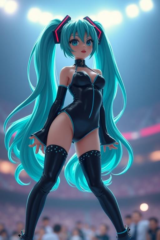 Hatsune Miku dressed in a latex outfit dancing and singing in a stadium.