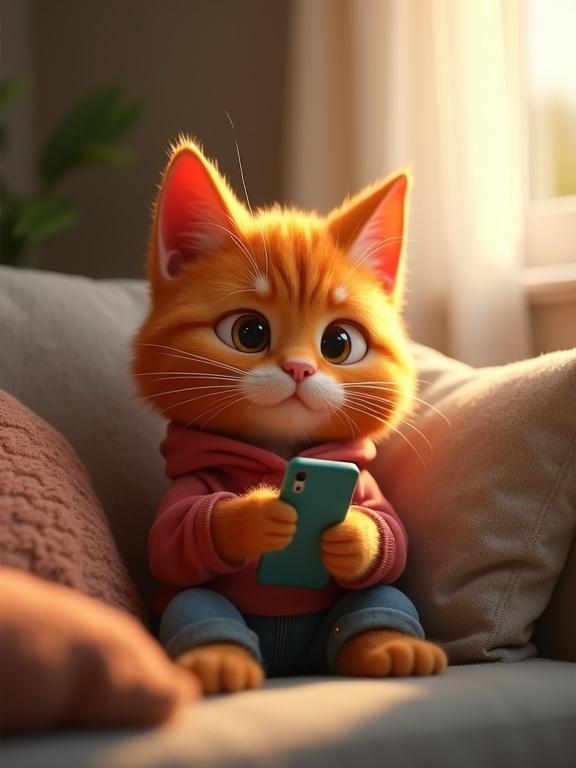 3D Pixar-style anthropomorphic orange tabby cat in casual clothes sitting on a cozy living room couch scrolling phone with bored expression ambient daylight from window messy pillows soft-focus background stylized realistic fur centered subject