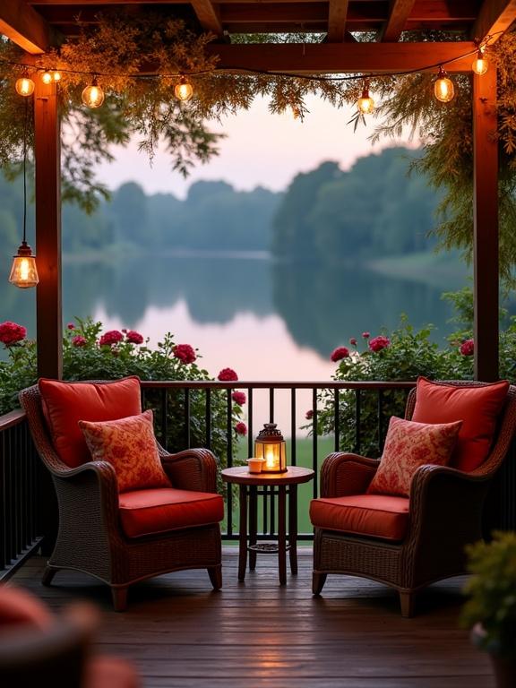 Cozy covered patio overlooking tranquil lake at dusk. Two comfortable armchairs with reddish-orange cushions. Small round table with a lit lantern and cup between chairs. Wooden floor and railing, adorned with warm string lights. Surrounding greenery and rose bushes frame serene lake view.