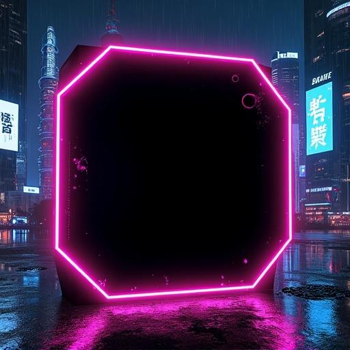 Nightscape themed photo collage in cyberpunk style. Two image areas with black frames designed in futuristic neon. Top-left hexagonal frame glows pink and blue. Bottom-right rectangular frame with rounded corners and circuit patterns. Background features dark cityscape with skyscrapers and rain effects. Digital glitch textures and floating kanji signs decorate the scene.