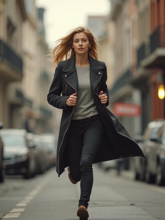 Woman running in a city street. Long blonde hair flowing. Dressed in a gray outfit with a stylish coat. Sense of urgency and movement.