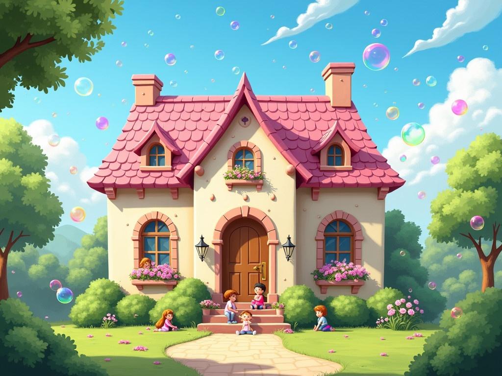 A charming, large house with a pink roof and cream-colored walls stands proudly under a bright blue sky. In front of the house, there are several children sitting on the steps, enjoying their time together. Around them, hundreds of beautiful bubbles are falling gracefully from the sky, creating a magical atmosphere. The garden is lush and well-maintained, enhancing the cheerful scene. Sunlight bathes the property, adding warmth and vibrancy to the image.