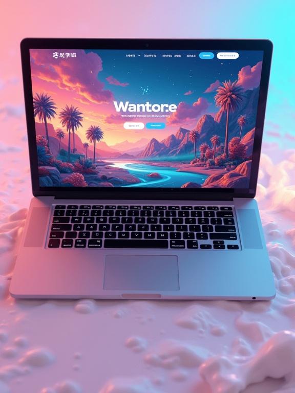 A laptop displays a vibrant website UI featuring a beautiful landscape. The scene includes palm trees and mountains with a flowing river. The colors are vibrant and the lighting is soft with neon effects. The laptop is centered and facing forward on an abstract background.