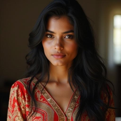 Portrait of a lady from British Bangladeshi background. She has long, dark hair and wears a traditional red outfit with intricate designs. The setting is softly lit, showcasing her features against a blurred background.