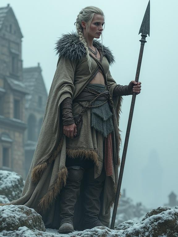 Photorealistic full-body portrait of a tall proud huntress standing on ruins of an ancient city. Physique is lean muscular from hunting. Pale skin is wind-burned with freckles and scars. Hair is braided and frost-hardened. Wears layered animal hides and fur cloaks. Holds a scavenged spear. Scene captures cold mist but not snowfall with cinematic lighting.