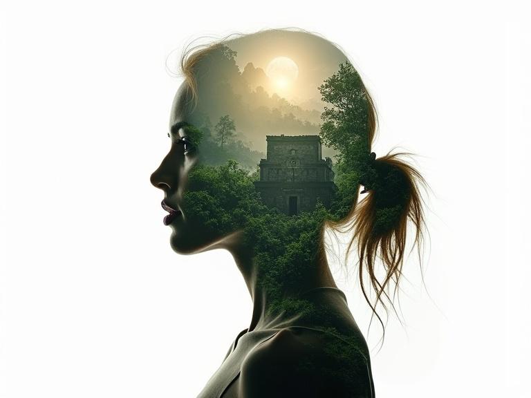 Double exposure photograph of ancient ruins in a rainforest inside a woman's silhouette. White background. Non-representational, expressive feelings, highly detailed.