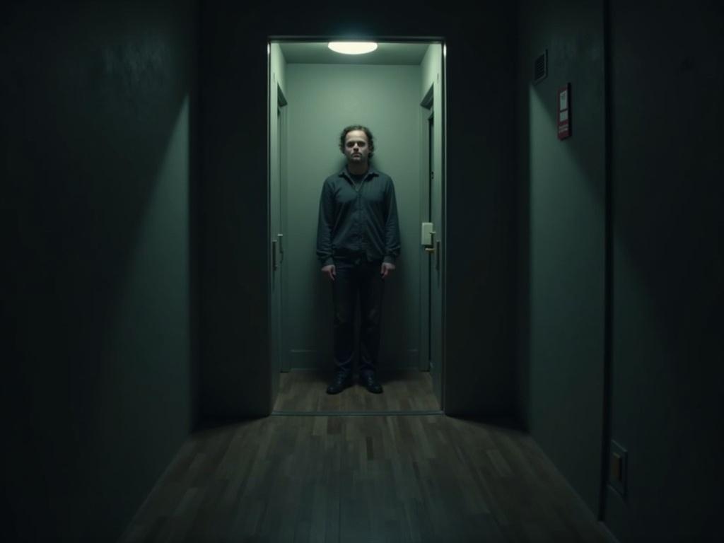 Character stands in a small room with walls appearing to close in. Anxious expression makes a high-tension scene. Dramatic perspective enhances claustrophobic feeling.