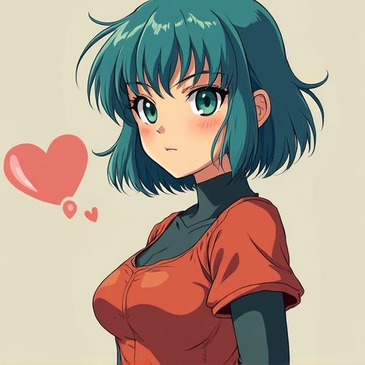 Anime character with teal hair and peach shirt. Character has bold eyes and a playful expression. Heart symbols nearby.