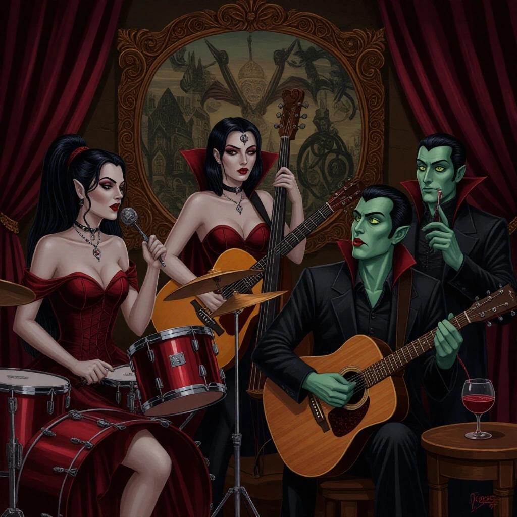 Semi-realistic illustration of a vampire band playing music. A female vampire with an updo plays the drums. A brunette vampire with short hair plays the organ. A male vampire plays electric guitar. Another green-eyed vampire sings with an acoustic guitar. A watching vampire drinks blood from a glass.