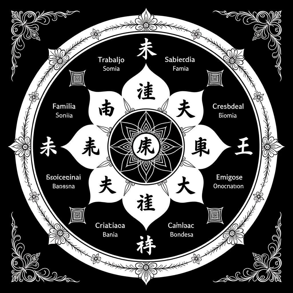 Create a black and white 2D Bagua showcasing eight life areas: Work, Wisdom, Family, Prosperity, Success/Fame, Relationships, Creativity, Friends. Design a symmetrical mandala to be used as an illustration in a book.