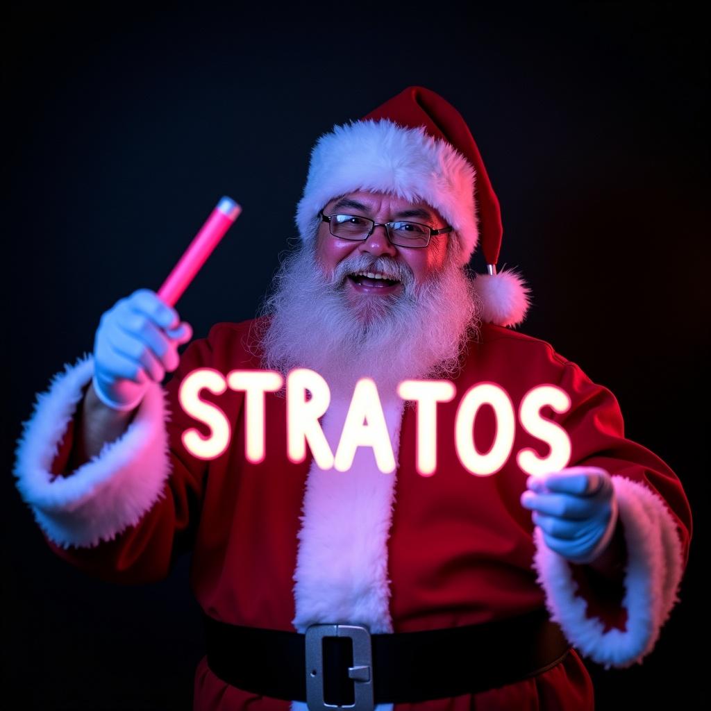 Santa Claus in a traditional red and white suit. Holding a glow stick forming the name 'STRATOS'. Jolly expression emanating warmth and cheer. Dark background highlights glowing text. Captures Christmas magic and joy.