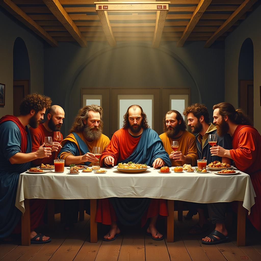 Whimsical reinterpretation of a famous religious scene featuring Buffalo Bills team members.