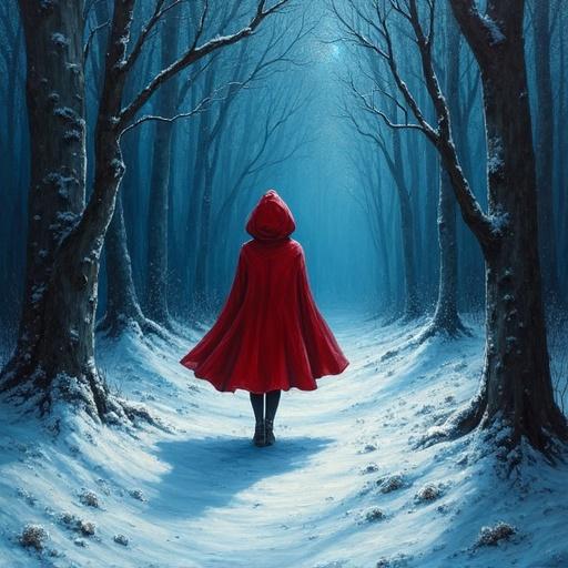 Little Red Riding Hood walks through a snowy woods surrounded by dark trees. She wears a bright red cloak. The scene is painted in an impasto style. Her eyes glow blue as she stares ahead. Snow covers the ground and trees.