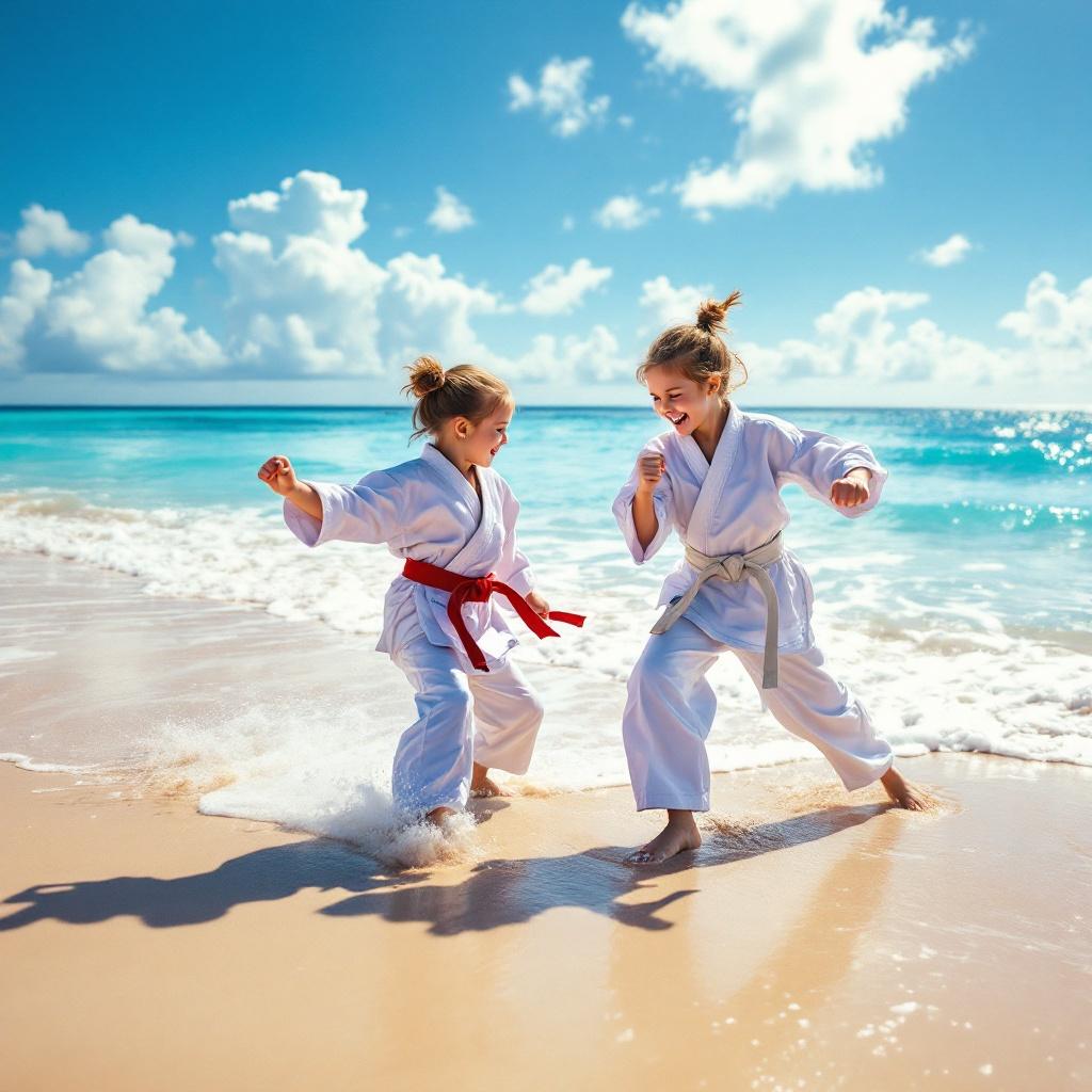 Two six-year-old girls in white taekwondo uniforms practice on the beach. Emerald waves and soft sand surround them. They laugh and kick playfully in the sun. Clouds drift above the serene scene. Their joyful energy captures the essence of friendship and fun.