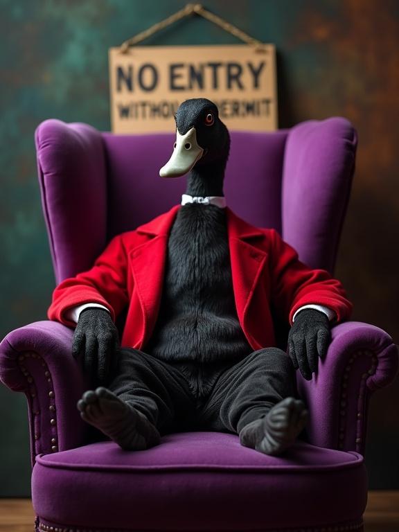 A black duck is dressed in a red smoking jacket. The duck sits in a purple velvet armchair. A sign that says 'No Entry Without Permit' is behind the chair.