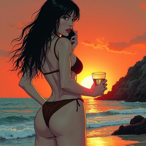 Tall woman with long black hair dressed in a tiny brown leather high cut bikini. Woman standing on the beach with a glass in one hand. She talks on her cellphone. The scene captures a hot humid atmosphere with tension and mystery. Dramatic lighting and heavy shadows render the image.
