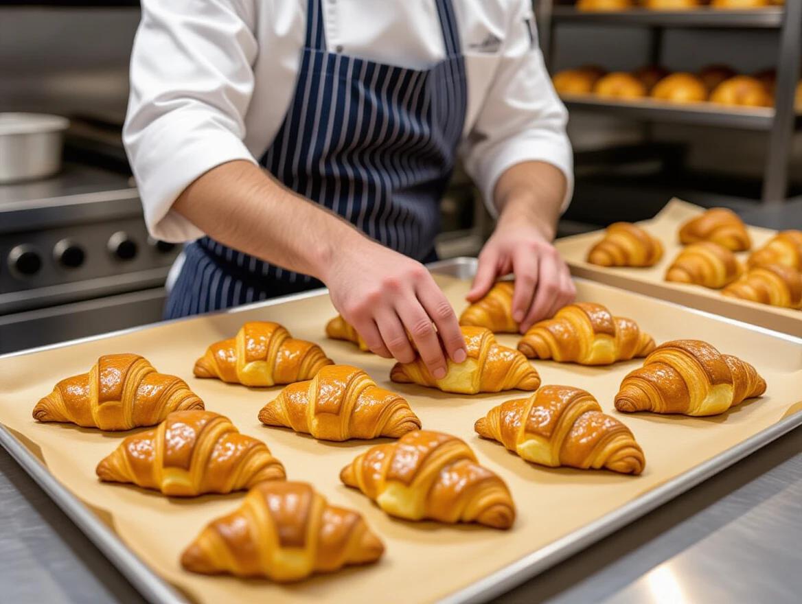 Hands arranging golden-brown croissants on a metal baking sheet. Chef sleeve and dark blue apron visible. Croissants have glossy buttery surface and distinct flaky layers. Light-colored parchment paper underneath. Background has additional pastries slightly out of focus. Warm professional lighting enhances the look of croissants. Shallow depth of field gives focus to foreground.