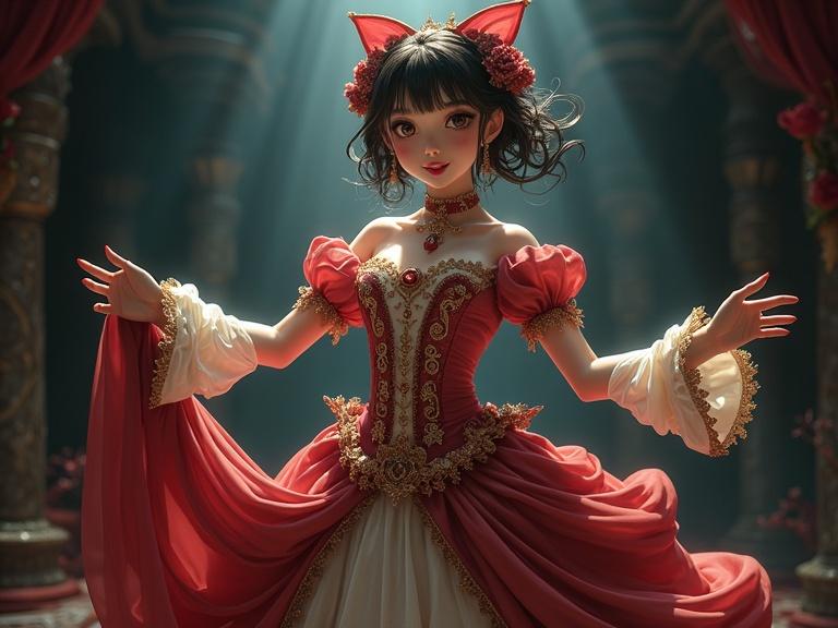 Magical girl in ornate dress with intricate textures. Dress features opulent fabrics. Girl strikes dynamic pose. Scene is shadowy and fantastical. Intense lighting emphasizes her presence. Highly dramatic with exaggerated emotions.
