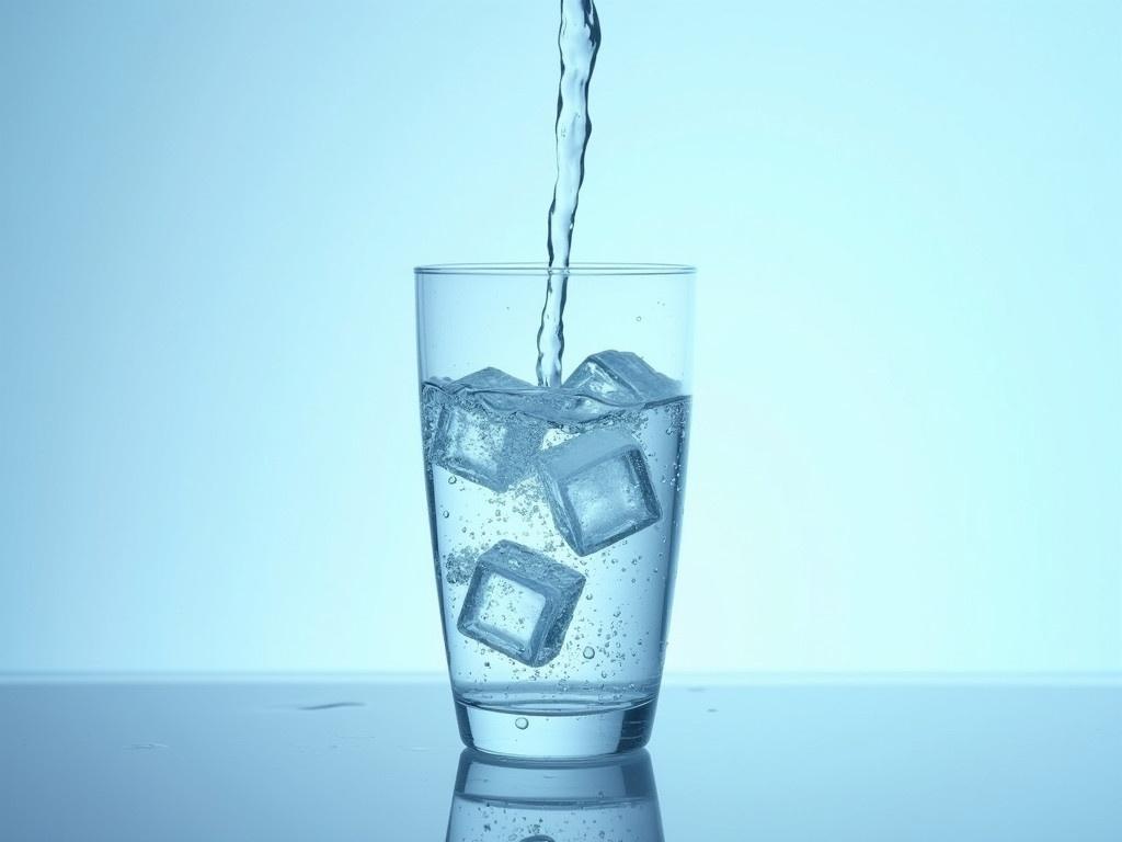 A clear glass filled with water is placed on a smooth, reflective surface. The glass is being filled with water that cascades in from above. Ice cubes can be seen inside the glass, creating ripples and bubbles in the water. There are droplets of water on the outside of the glass, adding to the refreshing look. The background is softly blurred with a cool blue tone, enhancing the serene mood. The overall scene has a clean and minimalist aesthetic, evoking feelings of hydration and freshness.