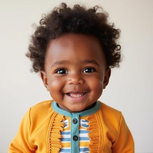 Cute black baby smiling while wearing colorful classic European baby clothes, viewed closely, head and neck visible, gentle expression, soft natural lighting, bright background.