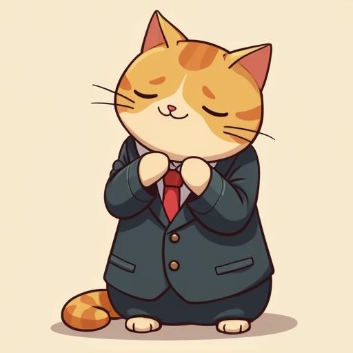 Semi-realistic cat in a suit bowing gently with closed eyes and a peaceful smile. The tail of the cat is low.