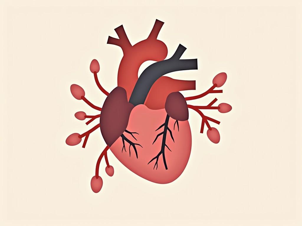 This image depicts a stylized illustration of a human heart, showcasing its key anatomical features such as ventricles, arteries, and veins. The artwork uses a simplified design with soft gradients and muted colors to convey a sense of scientific precision while maintaining an approachable aesthetic. The background is a solid neutral color that emphasizes the heart's intricate pattern and detail.