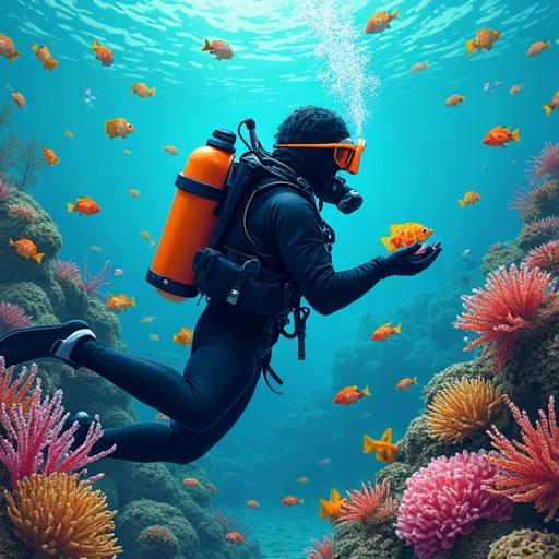 Scuba diver in vibrant ocean underwater scene, wearing diving gear and bright scuba tank, amidst coral reef. The diver collects ornamental fish surrounded by colorful underwater life, capturing an engaging and lively marine ecosystem.