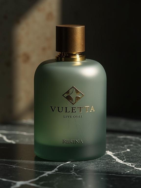 A fragrance bottle design for VULETTA RESINA. Frosted glass in warm stone-gray. Gold serif VULETTA logo. RESINA in flowing script in deep green. Gold-accented cap. Natural light highlights materials on dark marble.
