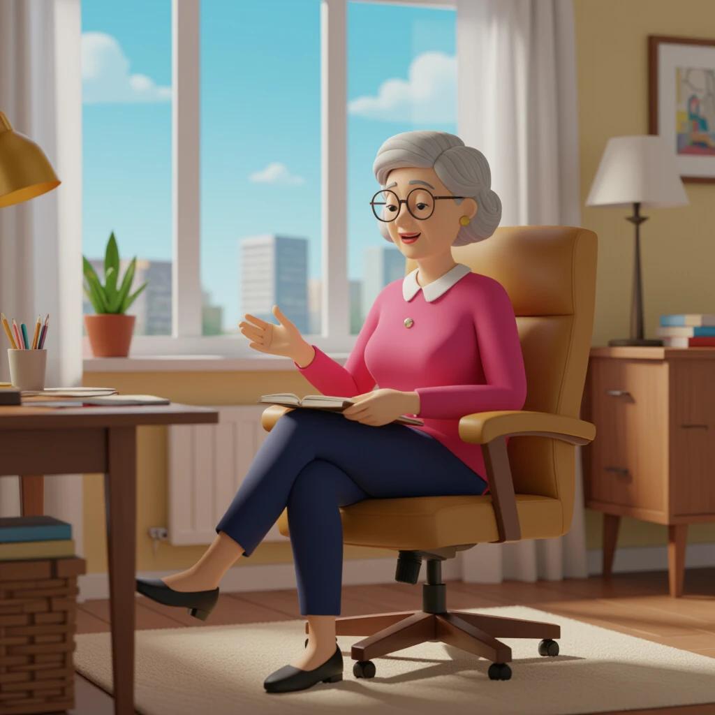 Animation showing an elderly woman seated in a chair. She's in a cozy home office with a window view of cityscape. The room is decorated tastefully. The woman is holding a book and seems engaged. The setting conveys warmth and comfort. Natural light fills the room.