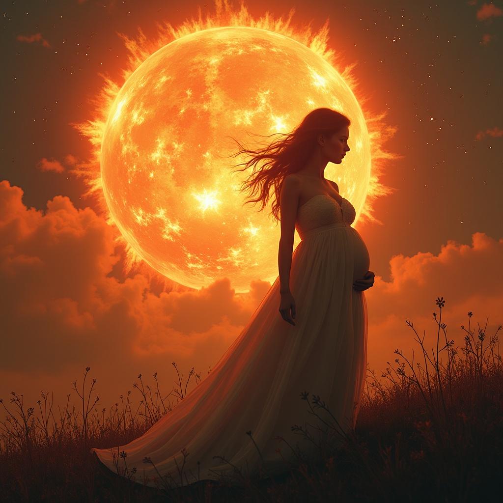 Dystopian scene featuring a pregnant woman silhouetted against an exploding sun. Earth appears crumbled with a dramatic finish, emphasizing themes of gender division and the sacred role of women in repopulation.