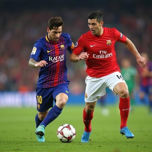 Famous football players competing in a match. Two players are in action. One has a Barcelona jersey. The other wears a Real Madrid jersey. The setting is a football stadium. The scene is intense and competitive.