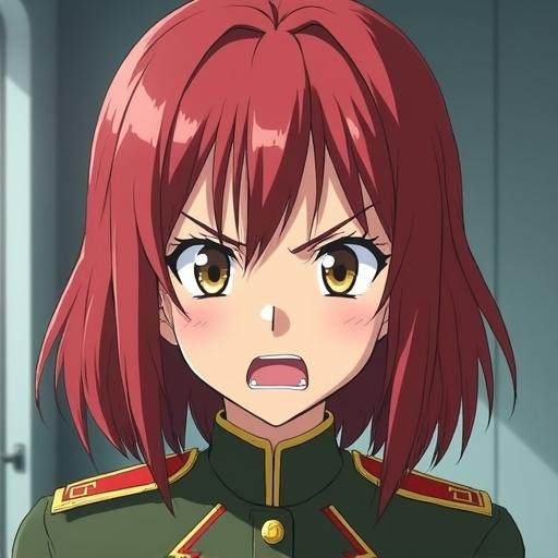 Anime style female soldier aged 30 with medium red hair and parted bangs showing anger and surprise. Character wears military attire.
