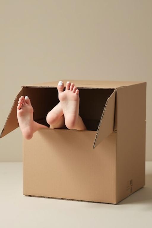 Feet with white nail polish are seen emerging from a large cardboard box. The box is open with flaps visible. The background is neutral and minimalistic.