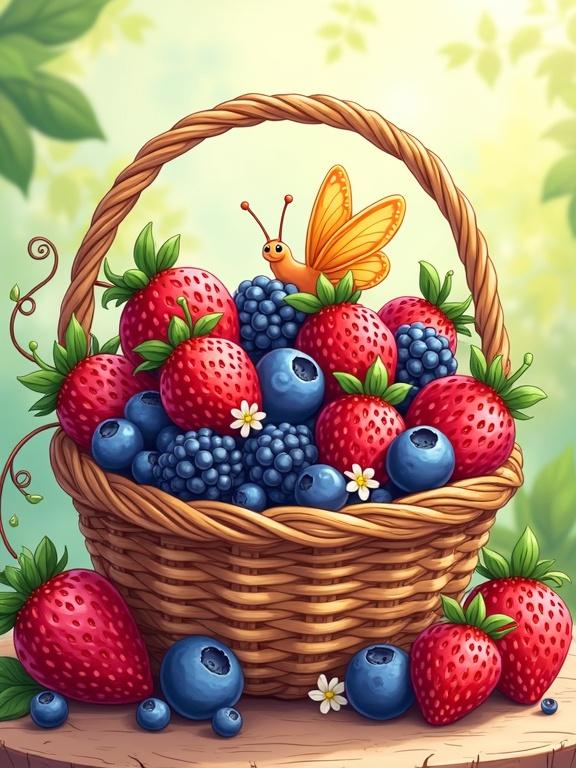 A whimsical illustration of a wicker basket filled with mixed berries. The basket overflows with strawberries blueberries raspberries and blackberries. Some berries tumble out while others are on green stems. Delicate green leaves and tiny white flowers are included. A rustic wooden table serves as the base with a soft background. The artwork features rich colors and soft shading. A cartoon butterfly adds charm.