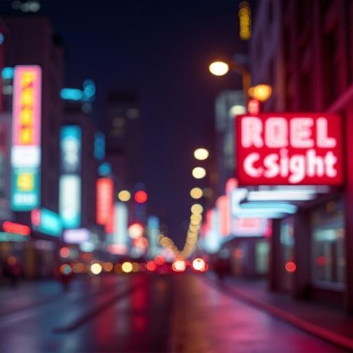 Stylized depiction of a vibrant 1980s night cityscape. Features colorful bokeh lights and glowing neon signs. Atmosphere is soft and dreamy. High-resolution image with photorealistic details and a touch of lomography grain.
