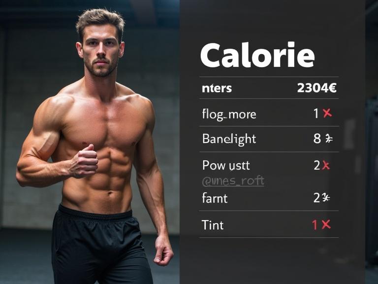 Calorie counter display next to a sweating person finishing a HIIT session with food items crossed out.