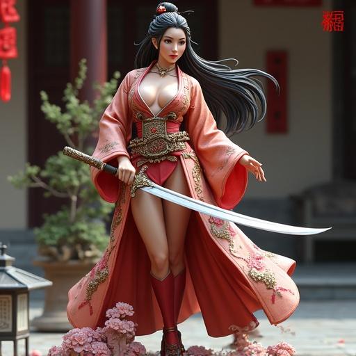 A hyper-detailed resin figure of a powerful Mulan-inspired warrior. The figure wears an open fantasy-style kimono with dragon and cherry blossom details. Long hair ties back in a battle bun. She holds a curved sword in an attack position. Expression is sharp and determined. Outfit reveals cleavage and legs through a slit in the kimono. Accessories have gold and red details with traditional Chinese motifs. The base includes a broken lantern and flower petals on stone tiles in a courtyard setting.