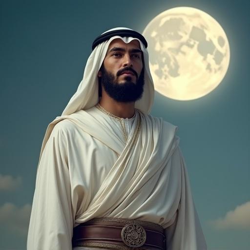 A warrior stands under the moonlit sky. Traditional Arab-Islamic attire flows elegantly. Expression calm yet resolute. Moonlight highlights details of robe and armor. Realistic style with soft artistic touch. Captures sacred presence and timeless dignity.
