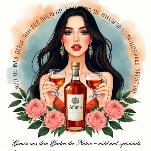 Digital illustration featuring central female figure. She has long dark hair and fair skin. She holds two glasses with amber liquid. Striking facial features with full lips. Adorned with dangling earrings. Background is circular with blue and orange hues. Decorative border includes text. In front of her is a bottle labeled 'Alfruno' with logo. Flanked by two cocktail glasses. Pink roses and green foliage arranged around bottle. Text at bottom reads 'Genuss aus dem Garten der Natur - wild und besonders'. Symmetrical composition focused on elegance.