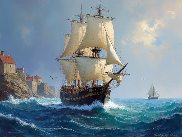 Impressionist-style painting showing an old sailing ship with billowed sails. Sailor leans into the wind on the deck. Stormy sea depicted with dynamic brushwork. Sky has shades of blue grey and violet. Background features a rugged coastline with fishermen's houses and seagulls. Distant sailboat adds depth.