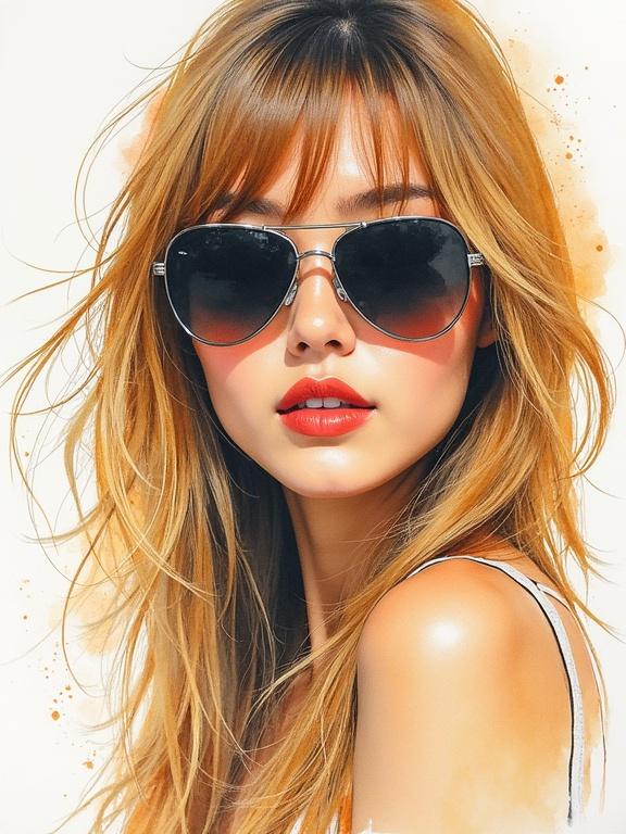 Closeup portrait of a woman with long blonde hair wearing aviator sunglasses. She has bangs and a stunning facial expression. Bright and vibrant colors with a watercolor ink wash effect.