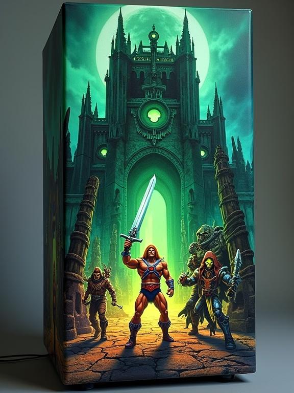 High-resolution artwork wraps karaoke machine themed after Castle Grayskull. Design includes eerie green stone structure and skull-shaped entrance. Features He-Man on the left with Power Sword and Skeletor on the right with Havoc Staff in epic poses. Elements positioned toward bottom and sides, avoiding central upper area for screen. Glow magical effects, mystical sky, bold fantasy lighting. Vivid, detailed, suitable for vinyl printing. No text, just visual storytelling.