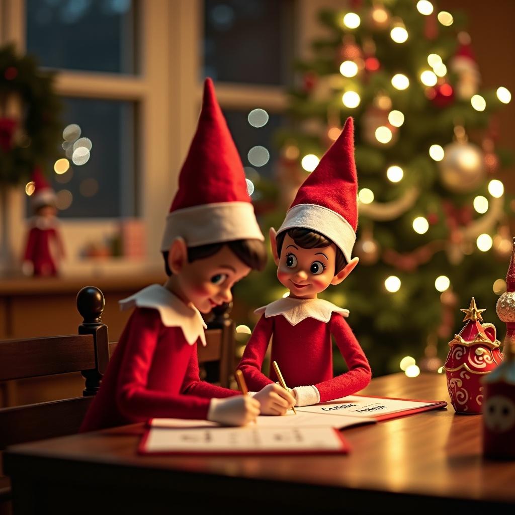 This image features a boy and girl elf on the shelf in a cozy Christmas scene. They are sitting at a wooden table, eagerly writing something down. The girl is likely writing the name 'Charlotte' as part of their holiday tasks. Behind them, a beautifully decorated Christmas tree shines with warm lights. The surrounding décor adds to the festive atmosphere, creating a scene filled with holiday joy and magic.