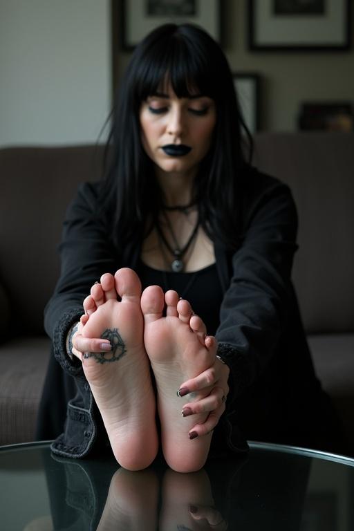 Mature goth woman with long black hair. She wears black clothes. Tattooed soles of her feet visible on a glass table. Sitting posture shows relaxed demeanor. Soft natural lighting enhances the scene.