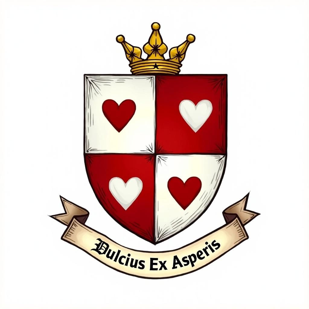 Heraldic design featuring a shield divided into quarters. Upper left and lower right quarters have white backgrounds with dark-red hearts. Upper right and lower left quarters are dark-red with white hearts. Includes a golden crown on top and a ribbon at the bottom with the motto 'Dulcius Ex Asperis.'